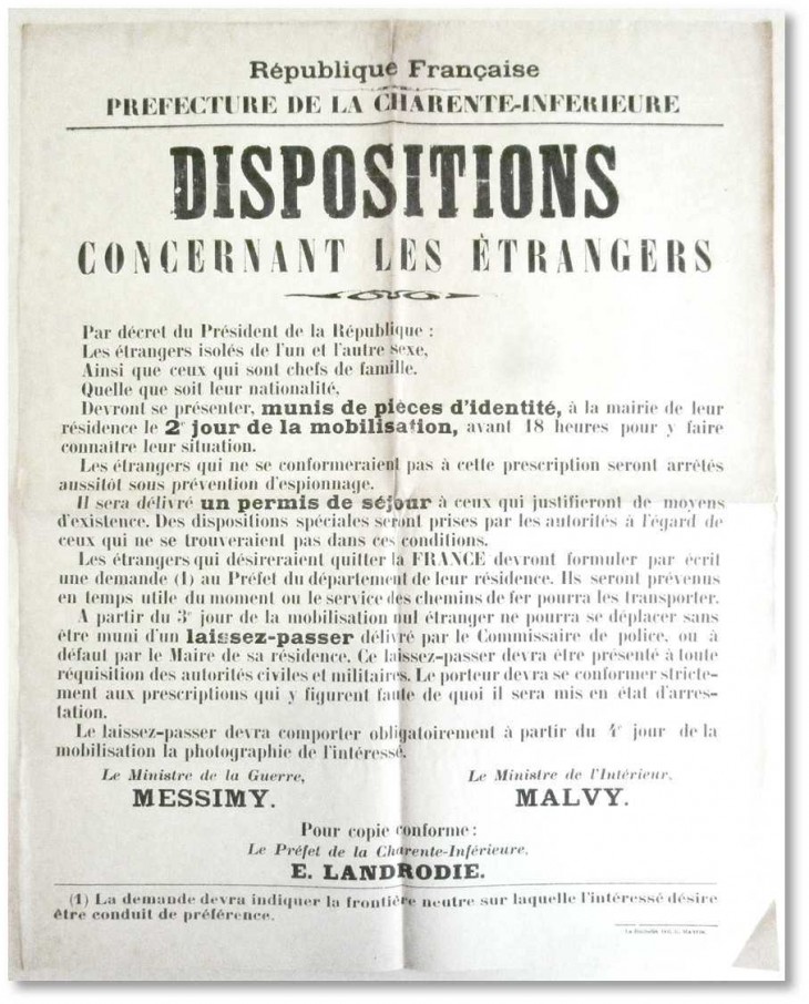 Affiche 1914-1918 : Disposition concernant les étrangers